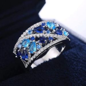 Beautiful Dark & Light Blue Multi Stone, Cubic Zirconia Silver Statement Ring